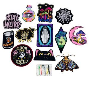Assorted Gothic Retro Iron-On Embroidered Patches Set of 12 Quirky Funny Boho